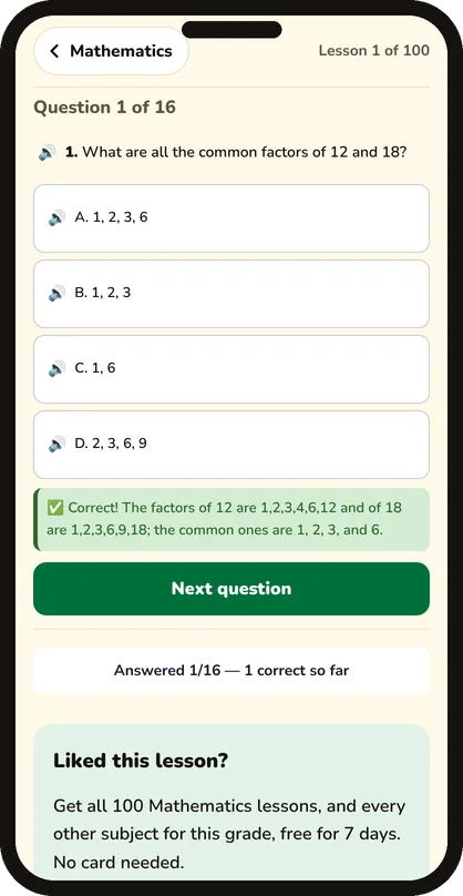A Grade 8 Mathematics lesson quiz on a phone, with the correct answer explained